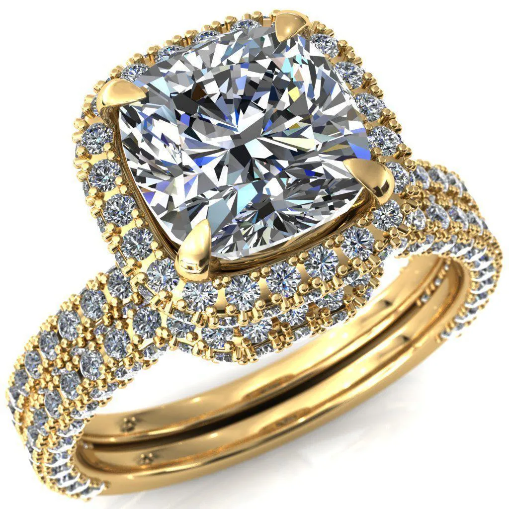 Mckinley Cushion Center Stone 4 Claw Prong Halo 3/4 Eternity 3 Sided Diamond Shank Engagement Ring