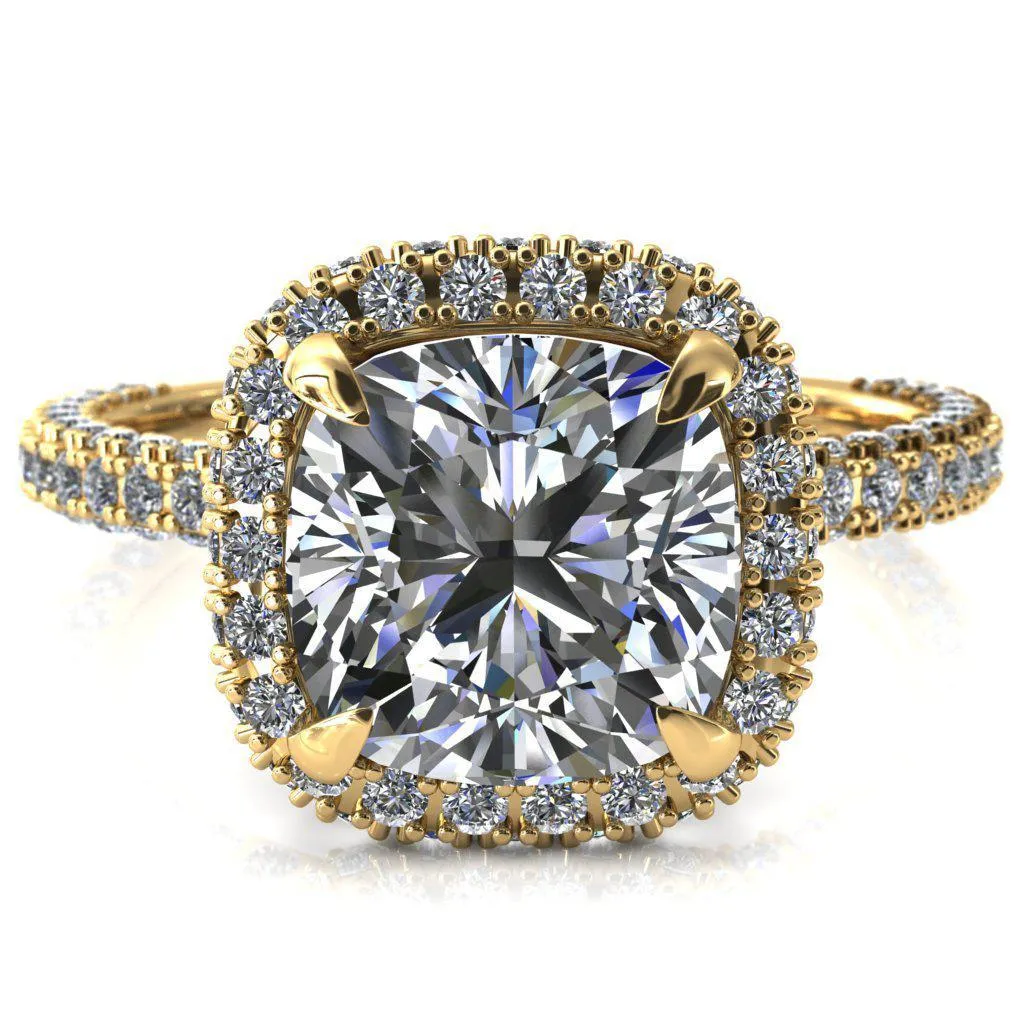 Mckinley Cushion Center Stone 4 Claw Prong Halo 3/4 Eternity 3 Sided Diamond Shank Engagement Ring