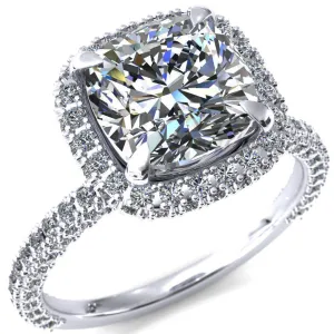 Mckinley Cushion Center Stone 4 Claw Prong Halo 3/4 Eternity 3 Sided Diamond Shank Engagement Ring