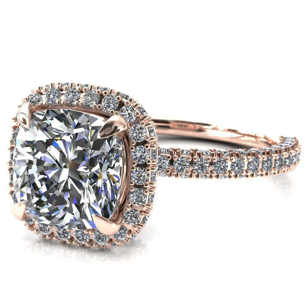 Mckinley Cushion Center Stone 4 Claw Prong Halo 3/4 Eternity 3 Sided Diamond Shank Engagement Ring
