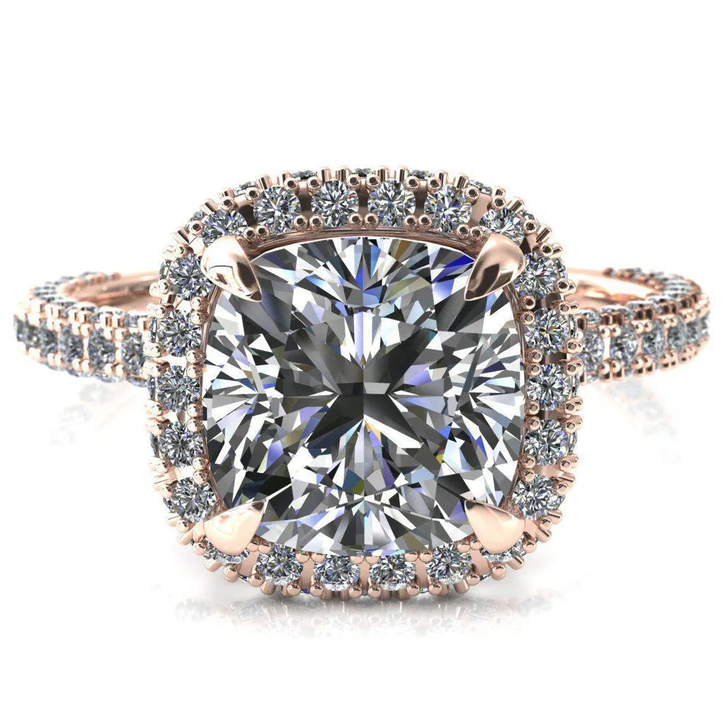 Mckinley Cushion Center Stone 4 Claw Prong Halo 3/4 Eternity 3 Sided Diamond Shank Engagement Ring