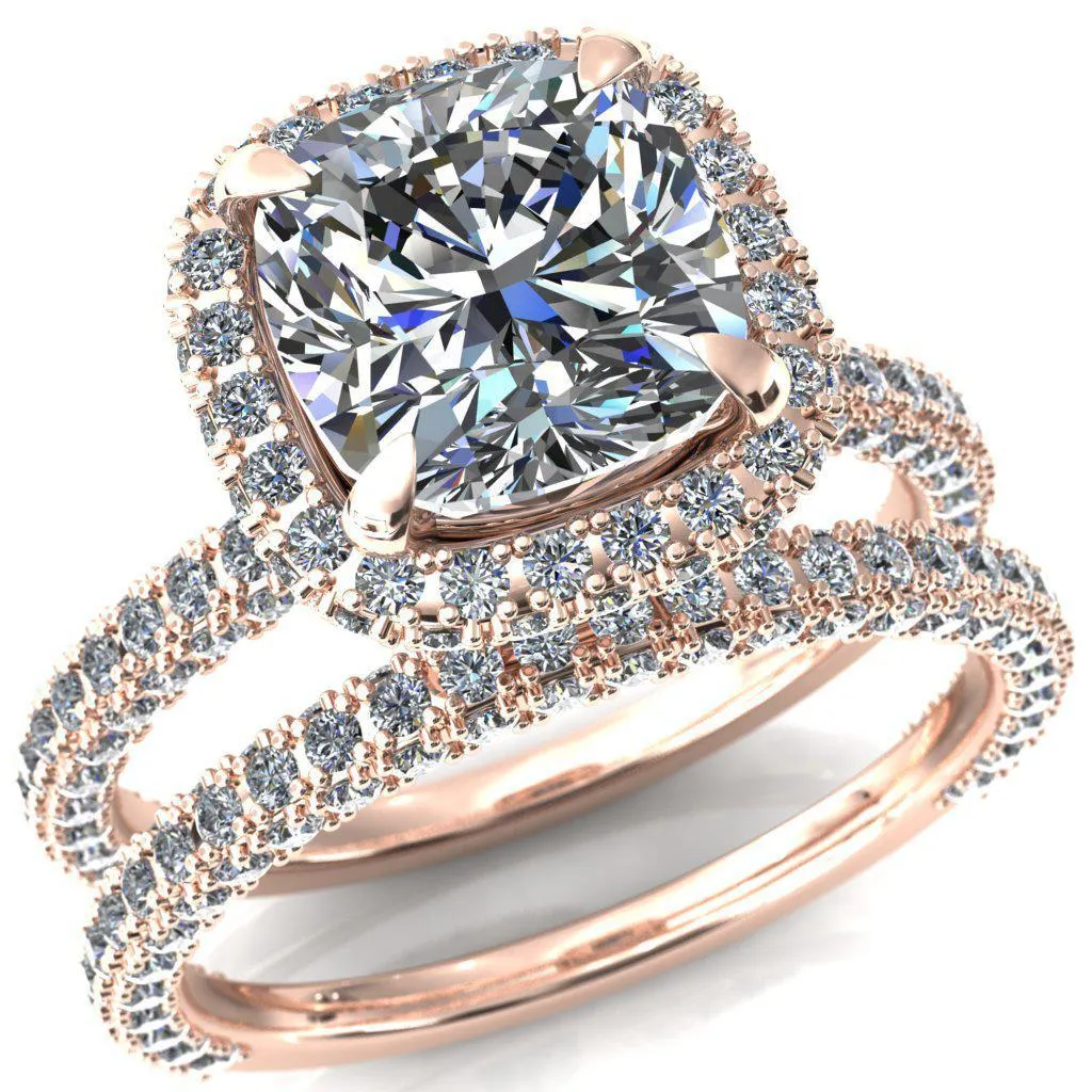 Mckinley Cushion Center Stone 4 Claw Prong Halo 3/4 Eternity 3 Sided Diamond Shank Engagement Ring