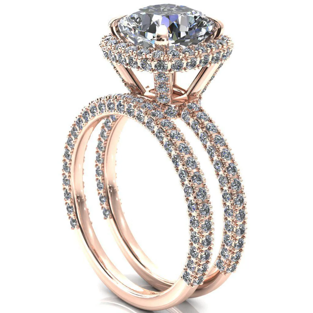 Mckinley Cushion Center Stone 4 Claw Prong Halo 3/4 Eternity 3 Sided Diamond Shank Engagement Ring
