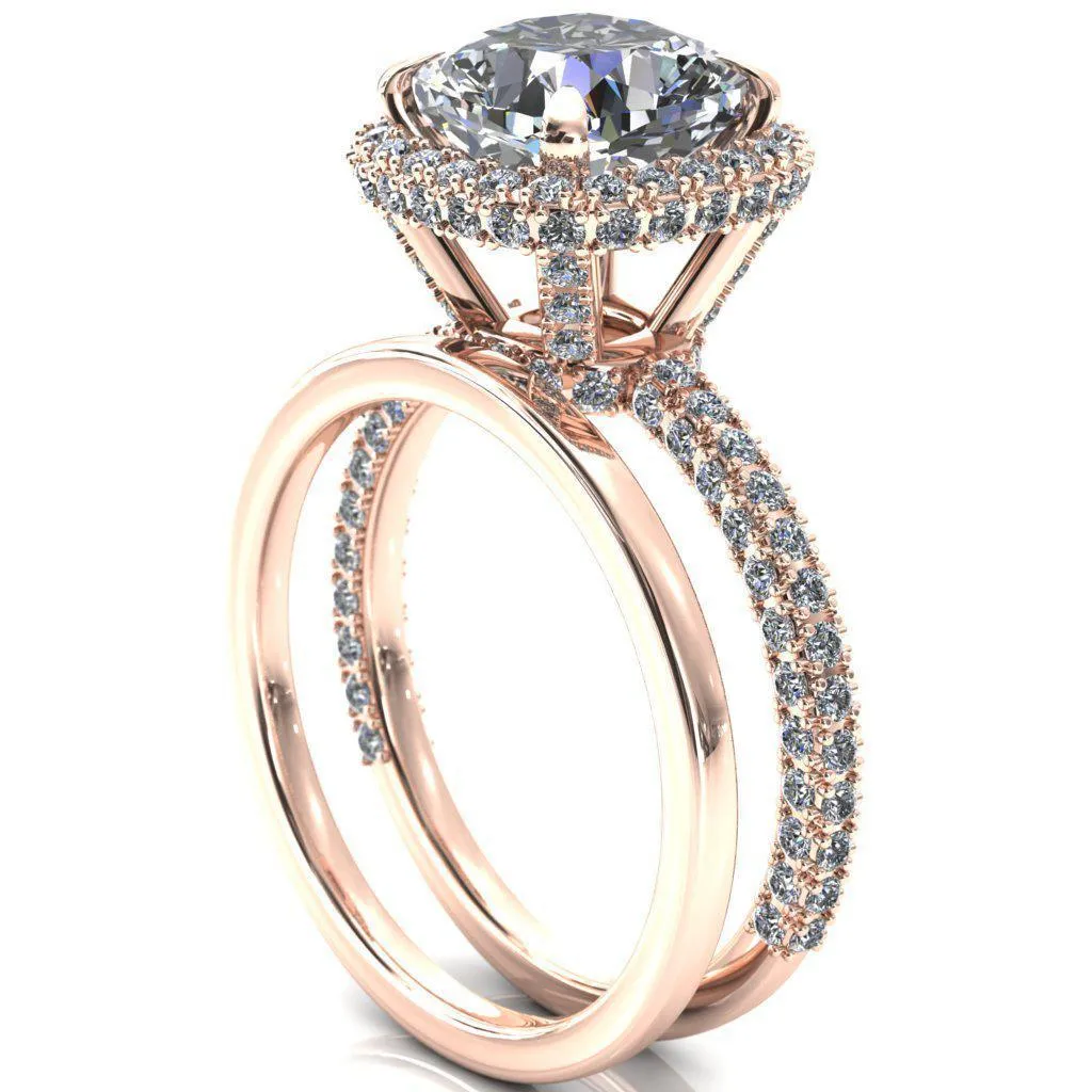 Mckinley Cushion Center Stone 4 Claw Prong Halo 3/4 Eternity 3 Sided Diamond Shank Engagement Ring