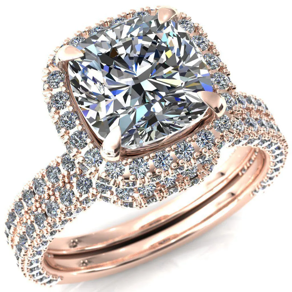 Mckinley Cushion Center Stone 4 Claw Prong Halo 3/4 Eternity 3 Sided Diamond Shank Engagement Ring