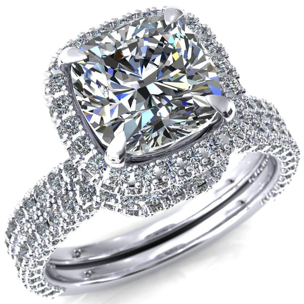 Mckinley Cushion Center Stone 4 Claw Prong Halo 3/4 Eternity 3 Sided Diamond Shank Engagement Ring