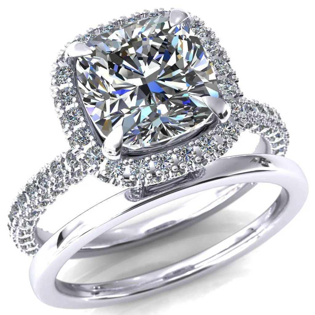 Mckinley Cushion Center Stone 4 Claw Prong Halo 3/4 Eternity 3 Sided Diamond Shank Engagement Ring