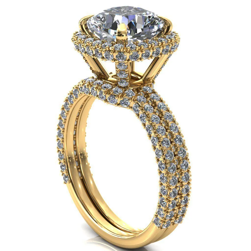 Mckinley Cushion Center Stone 4 Claw Prong Halo 3/4 Eternity 3 Sided Diamond Shank Engagement Ring
