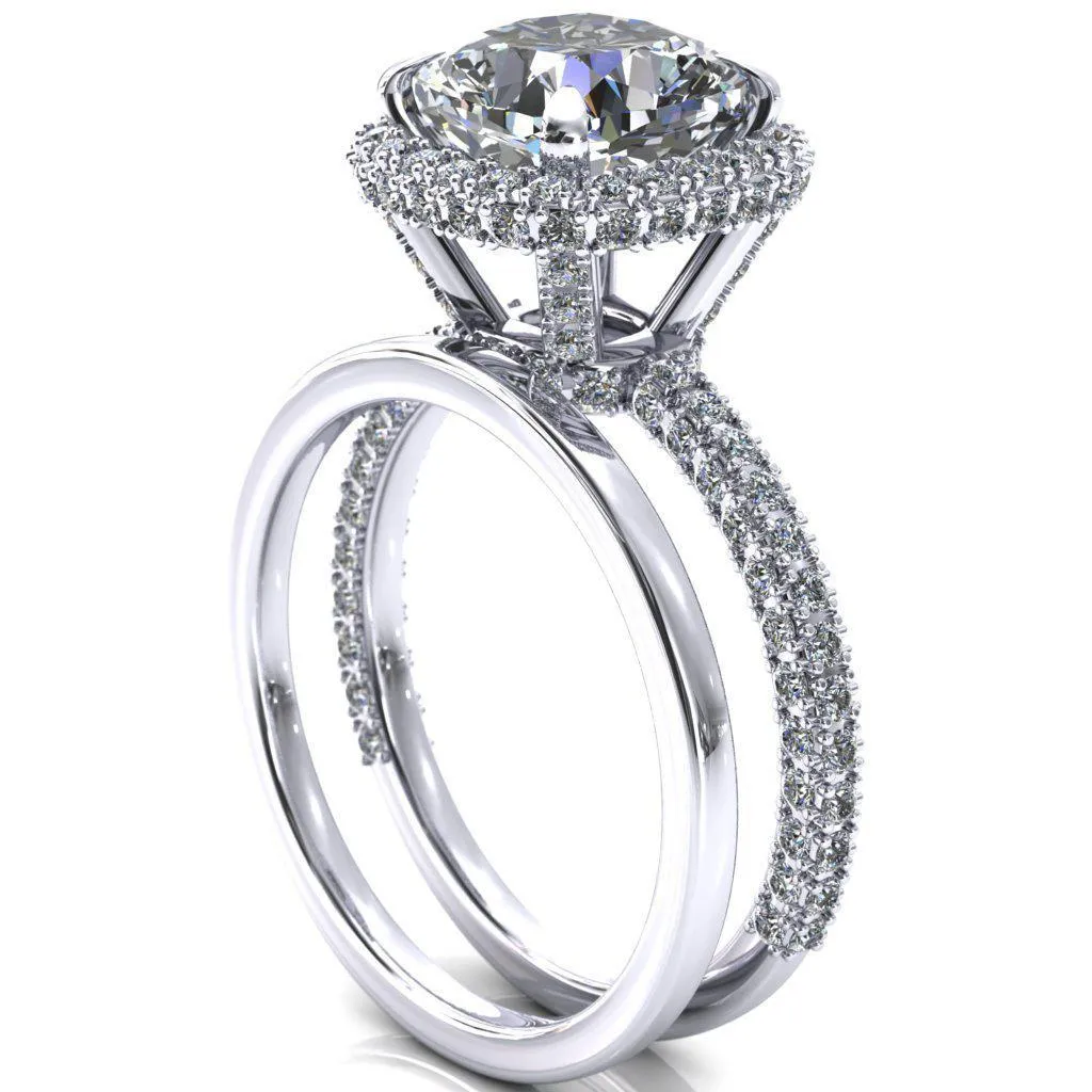 Mckinley Cushion Center Stone 4 Claw Prong Halo 3/4 Eternity 3 Sided Diamond Shank Engagement Ring