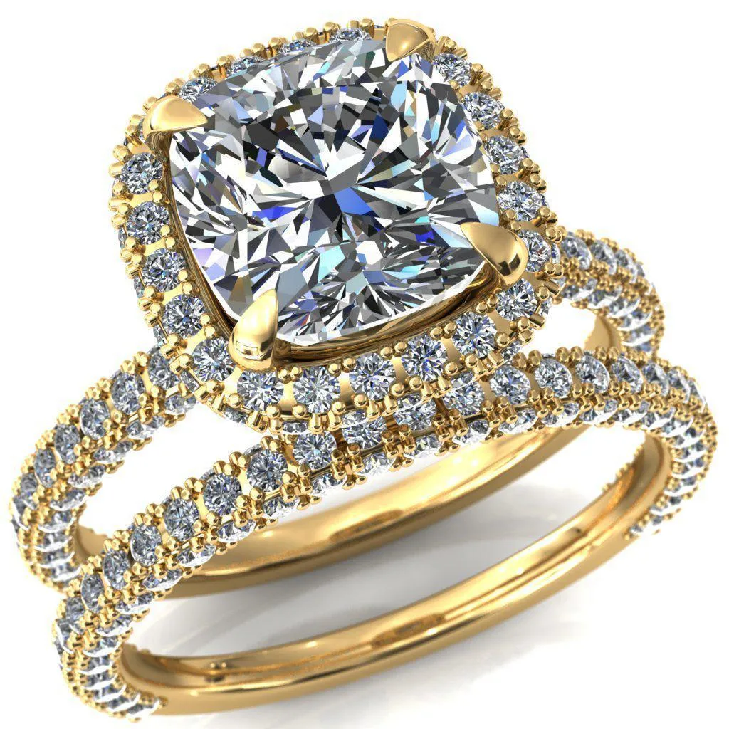 Mckinley Cushion Center Stone 4 Claw Prong Halo 3/4 Eternity 3 Sided Diamond Shank Engagement Ring