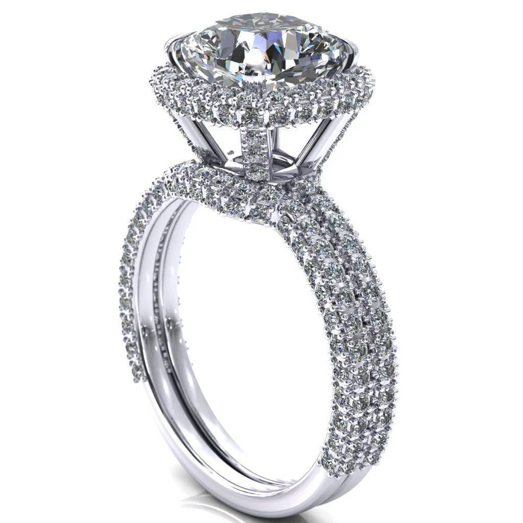 Mckinley Cushion Center Stone 4 Claw Prong Halo 3/4 Eternity 3 Sided Diamond Shank Engagement Ring