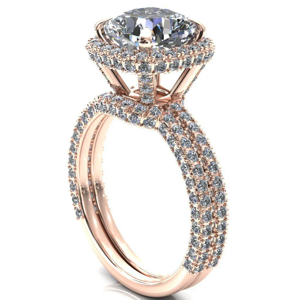 Mckinley Cushion Center Stone 4 Claw Prong Halo 3/4 Eternity 3 Sided Diamond Shank Engagement Ring