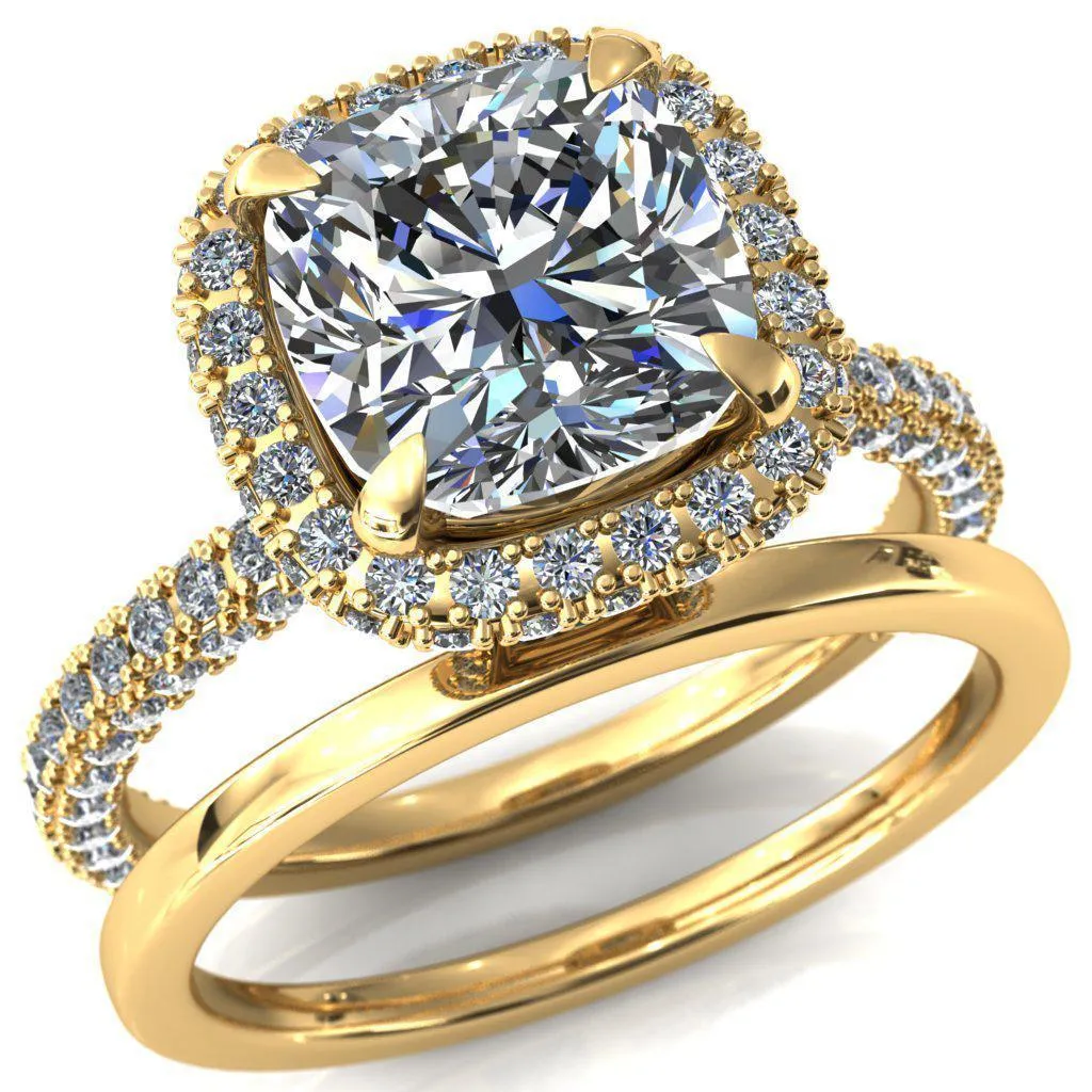 Mckinley Cushion Center Stone 4 Claw Prong Halo 3/4 Eternity 3 Sided Diamond Shank Engagement Ring
