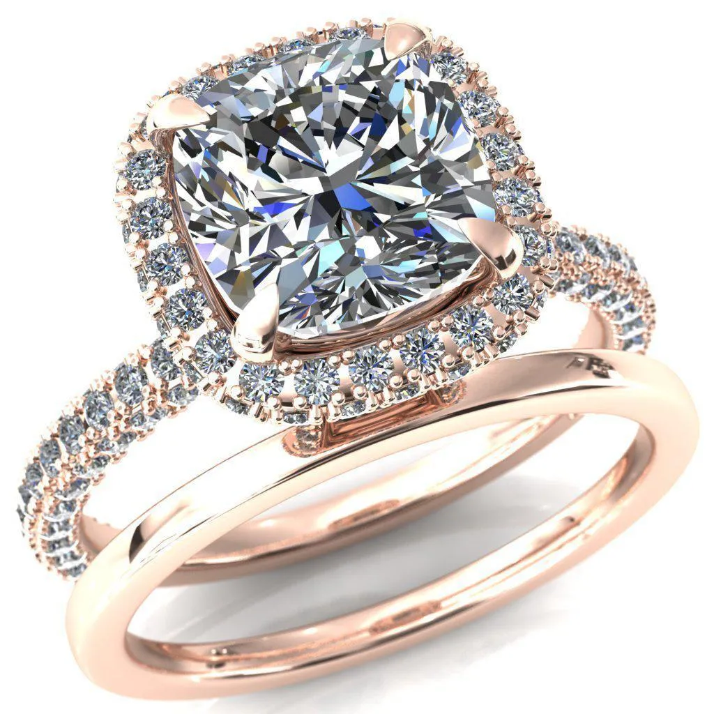 Mckinley Cushion Center Stone 4 Claw Prong Halo 3/4 Eternity 3 Sided Diamond Shank Engagement Ring