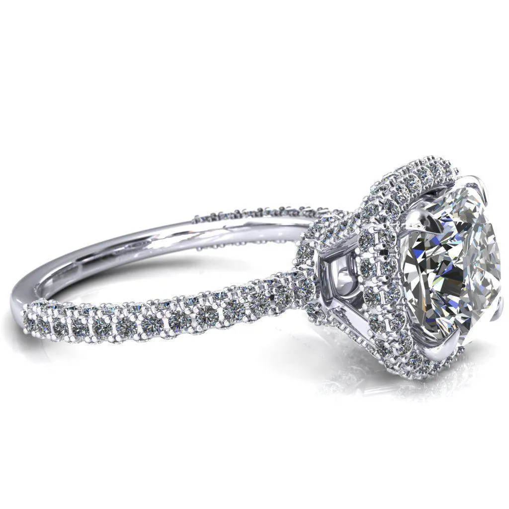 Mckinley Cushion Center Stone 4 Claw Prong Halo 3/4 Eternity 3 Sided Diamond Shank Engagement Ring