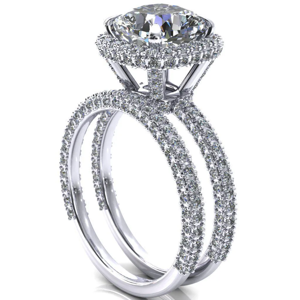 Mckinley Cushion Center Stone 4 Claw Prong Halo 3/4 Eternity 3 Sided Diamond Shank Engagement Ring