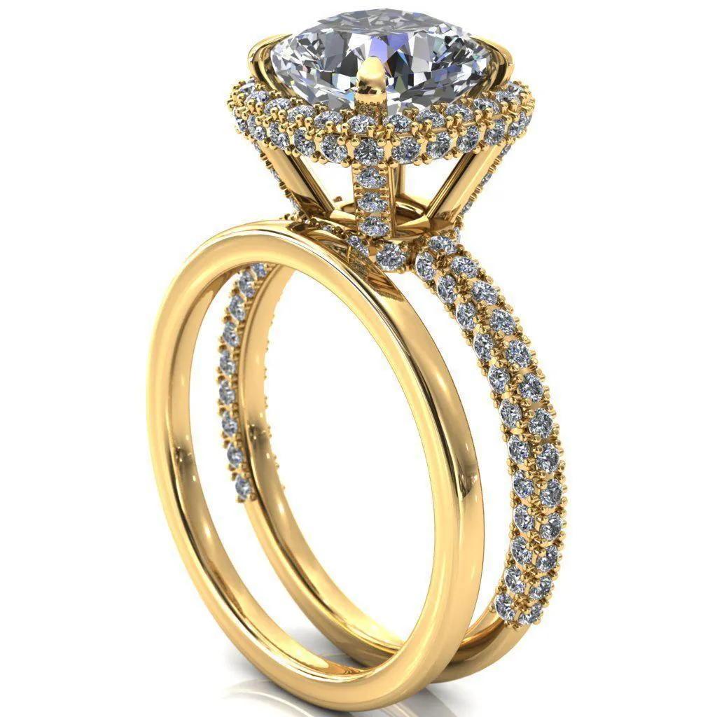 Mckinley Cushion Center Stone 4 Claw Prong Halo 3/4 Eternity 3 Sided Diamond Shank Engagement Ring