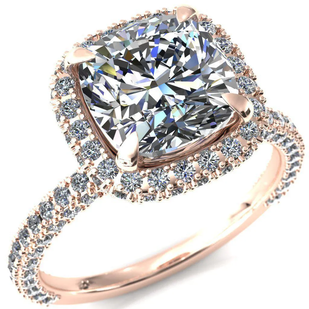 Mckinley Cushion Center Stone 4 Claw Prong Halo 3/4 Eternity 3 Sided Diamond Shank Engagement Ring