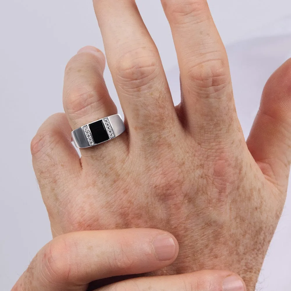 Men's Square Black Plate Ring with Cubic Zirconia in Sterling Silver