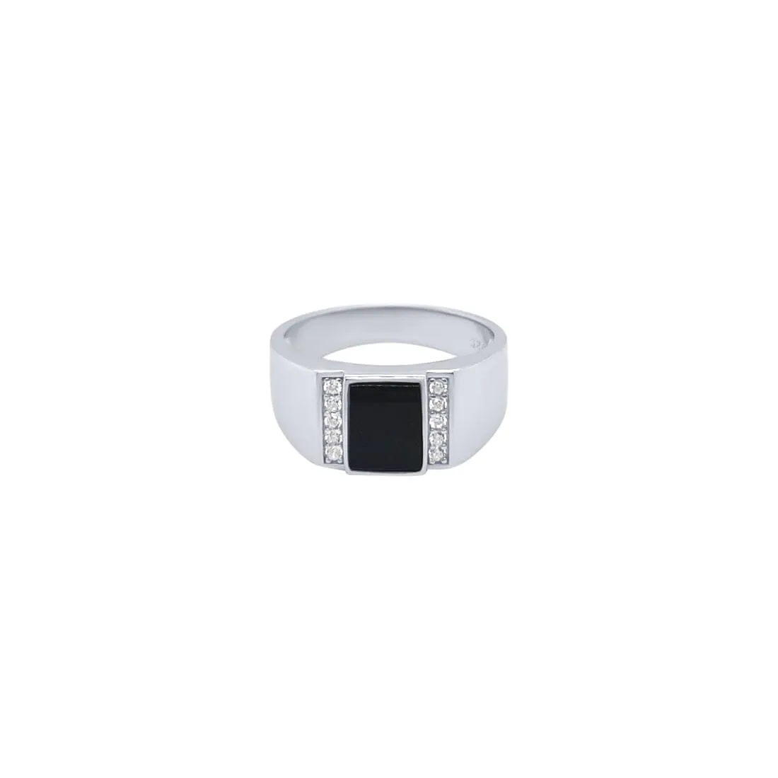 Men's Square Black Plate Ring with Cubic Zirconia in Sterling Silver