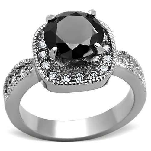 MT2231 - High polished (no plating) Stainless Steel Ring with Brilliant Crystals  in Black Diamond Unique Halo Style