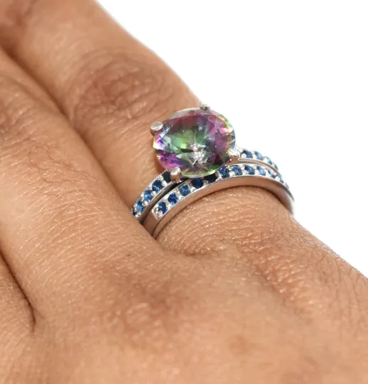 Mystic Topaz Twin Wedding Ring with Blue Sapphire Accents