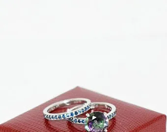 Mystic Topaz Twin Wedding Ring with Blue Sapphire Accents