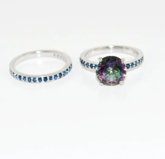 Mystic Topaz Twin Wedding Ring with Blue Sapphire Accents