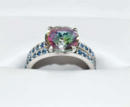 Mystic Topaz Twin Wedding Ring with Blue Sapphire Accents