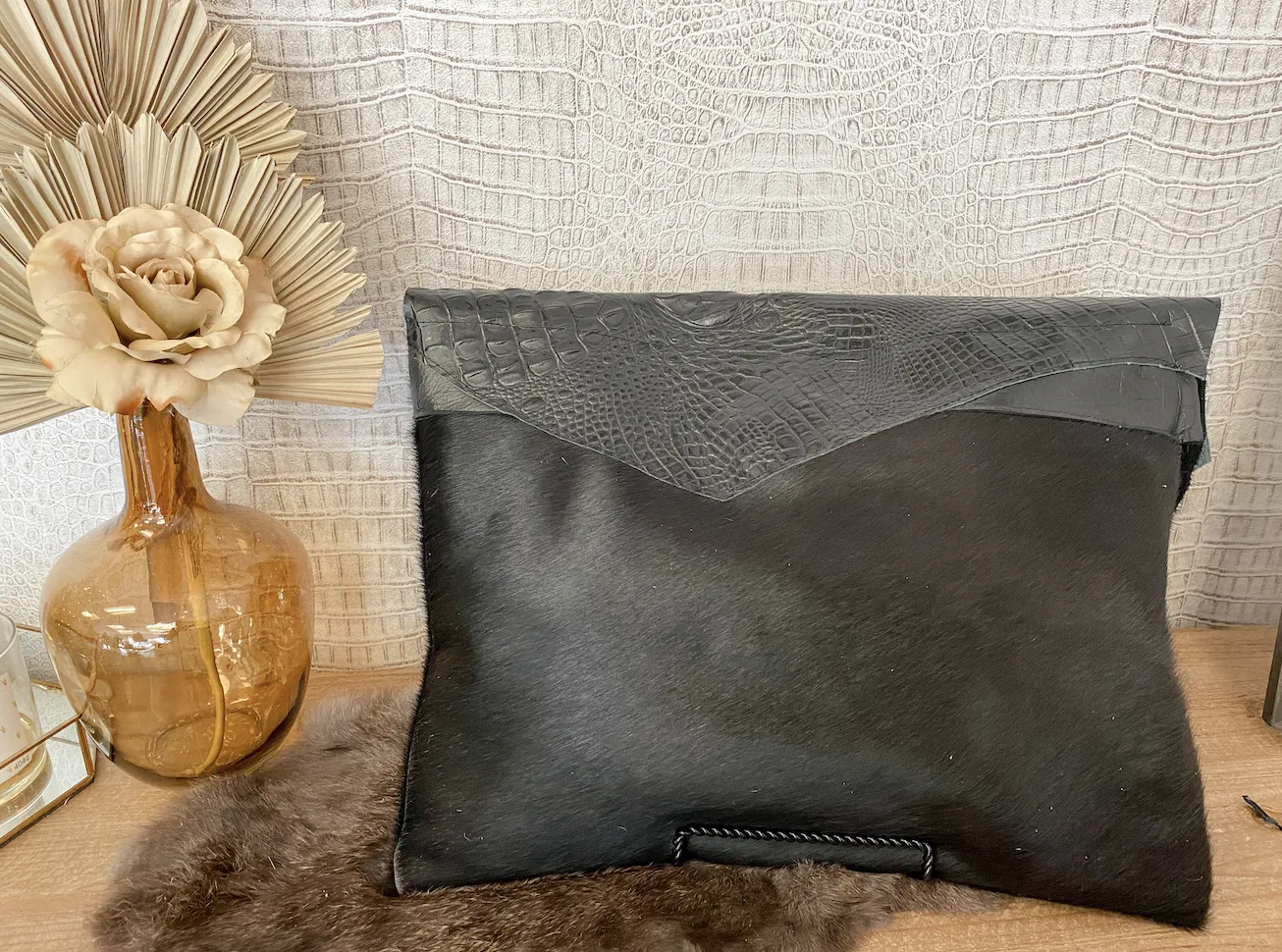 Overnighter Crossbody (solid black hide with croc and solid leather)