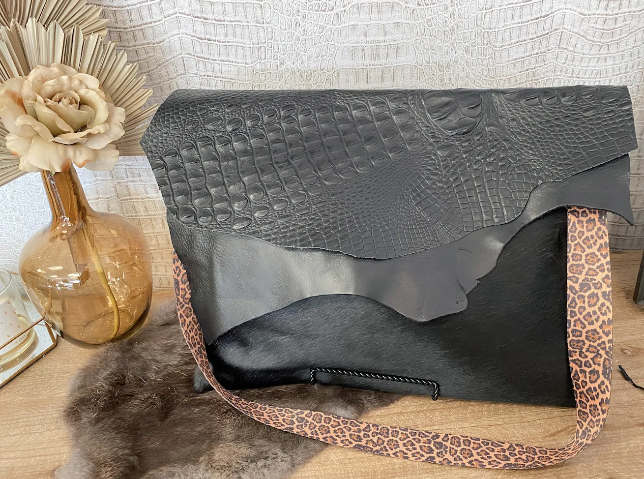 Overnighter Crossbody (solid black hide with croc and solid leather)