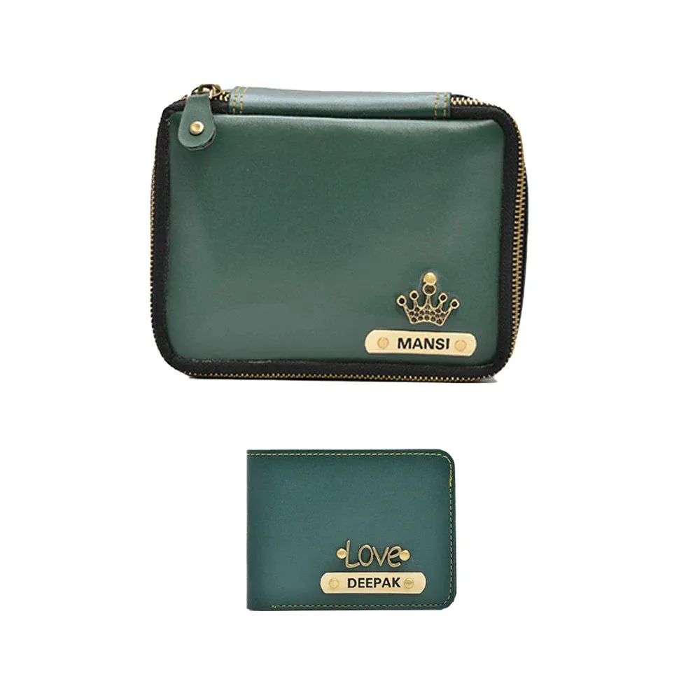 Personalized Couple's Combo : Mini Makeup Kit & Men's Wallet-Olive green