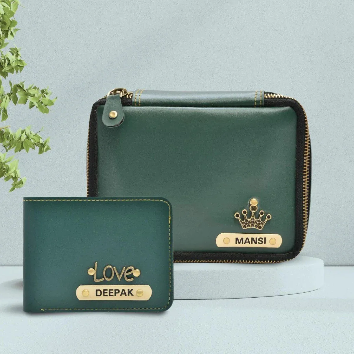 Personalized Couple's Combo : Mini Makeup Kit & Men's Wallet-Olive green