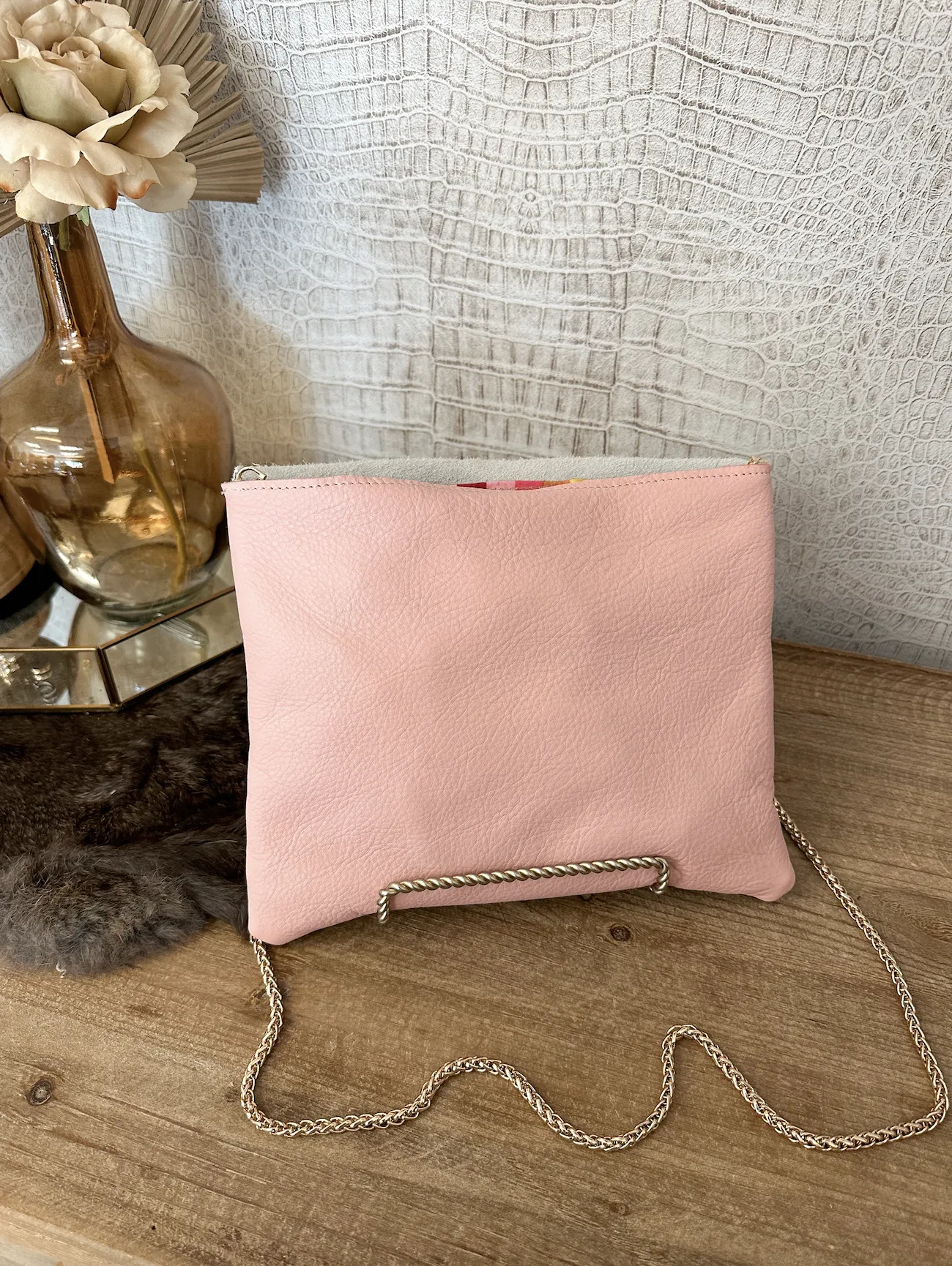 Pink Leather with Cream Hide Clutch/Crossbody