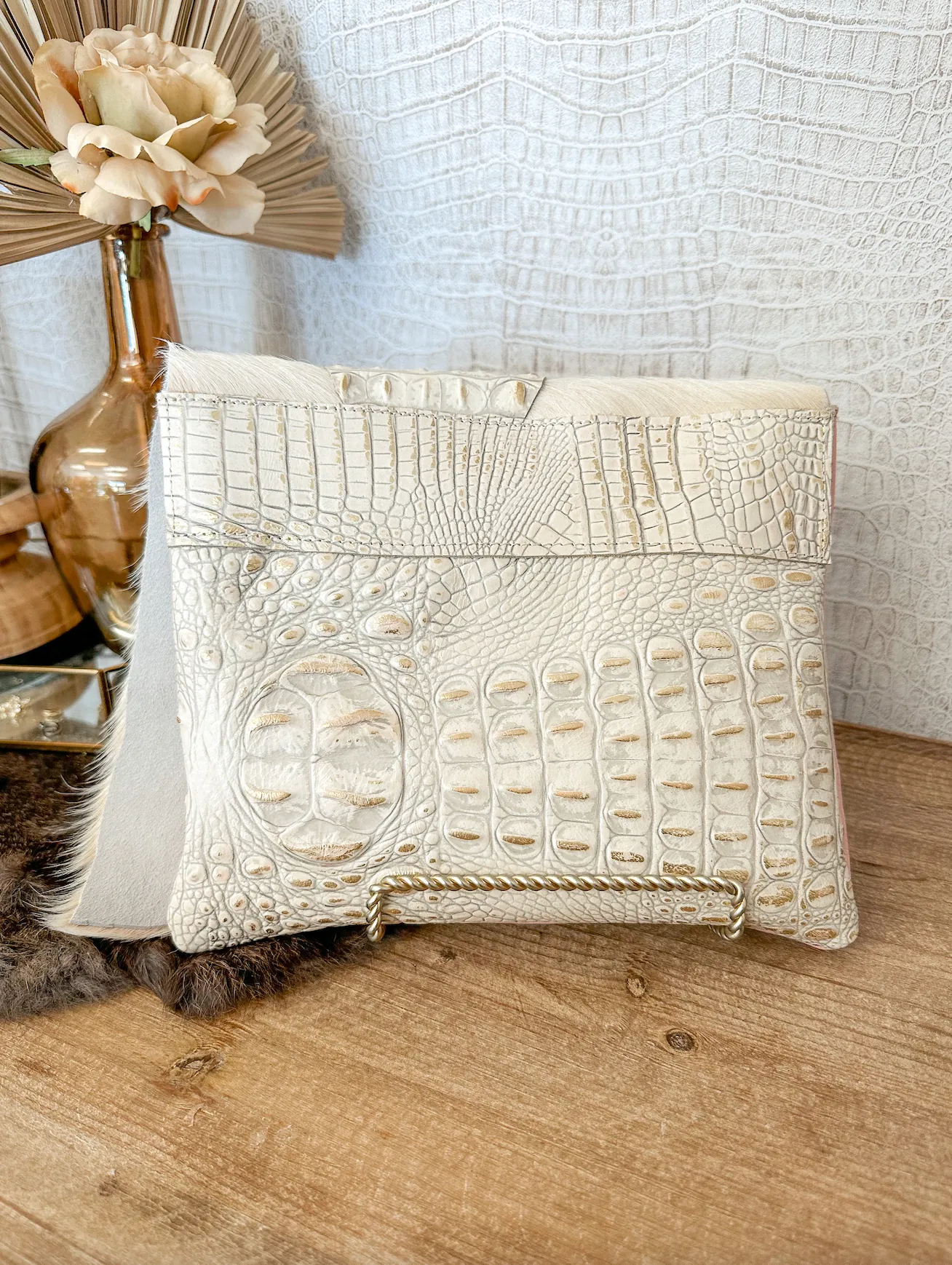 Pink Leather with Cream Hide Clutch/Crossbody