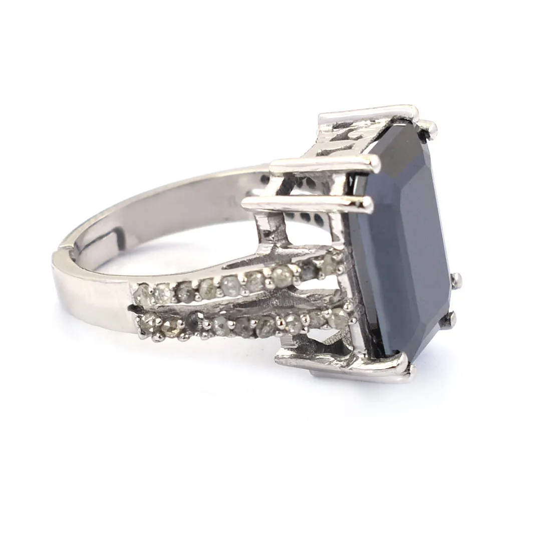 RARE 9 Ct! Stunning Black Diamond Ring in 925 Silver with Rose Cut Diamond Accents. AAA Certified! Great Brilliance