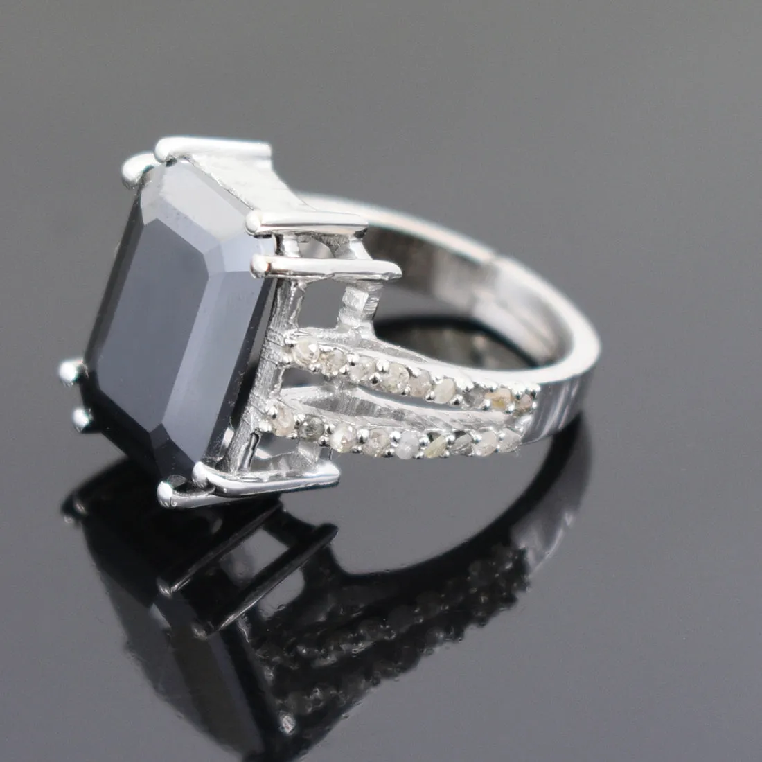 RARE 9 Ct! Stunning Black Diamond Ring in 925 Silver with Rose Cut Diamond Accents. AAA Certified! Great Brilliance