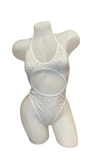 Rhinestone High Waist Front Cutout One Piece White