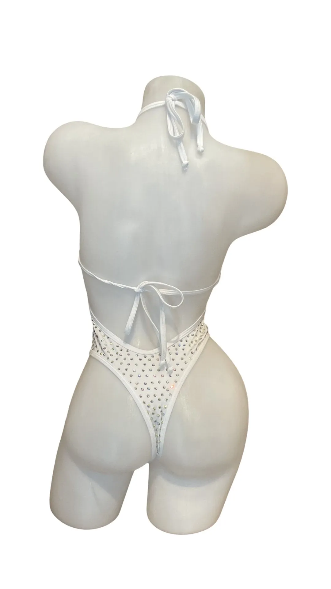 Rhinestone High Waist Front Cutout One Piece White
