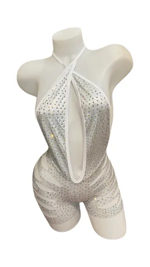 Rhinestone One Piece Short Set - Silver