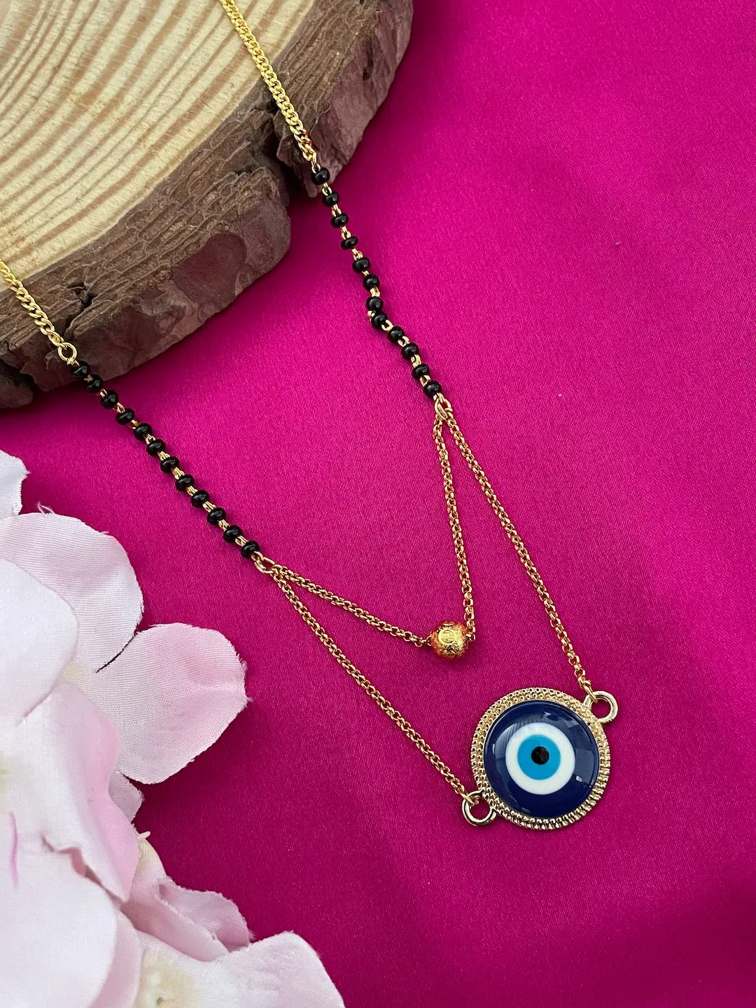 Simple Modern Short Mangalsutra Designs Evil Eye Layered Pendant Black Beads Gold Chain
