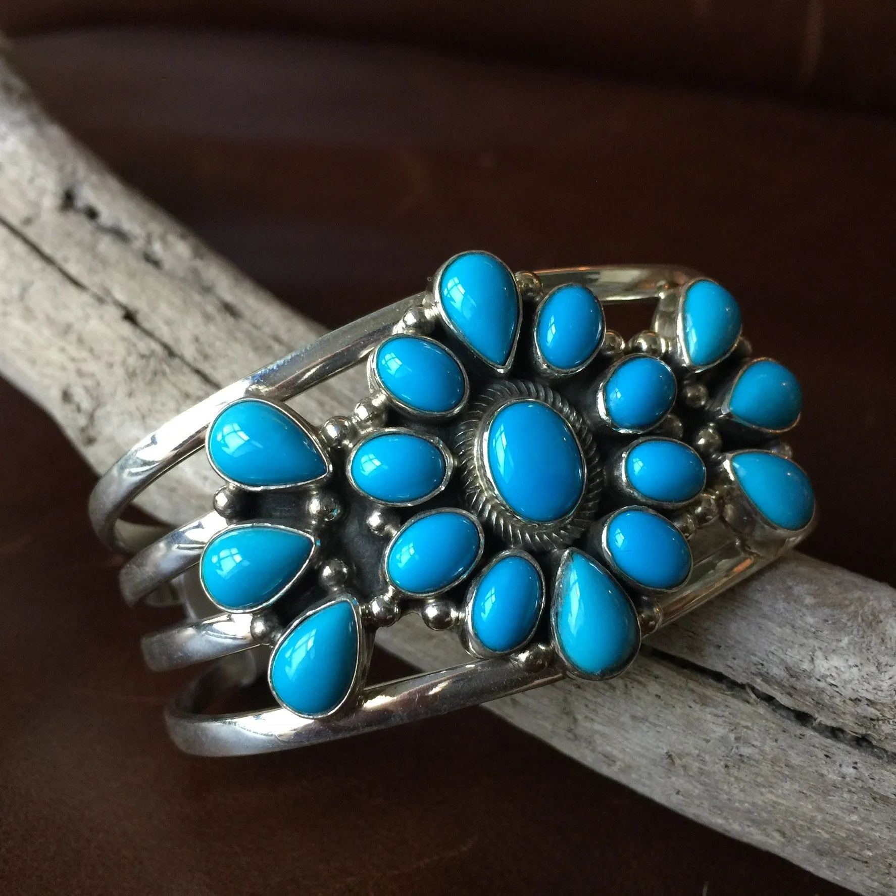Simple Sterling Bracelet with Sleeping Beauty Turquoise Signed Kathleen Chavez