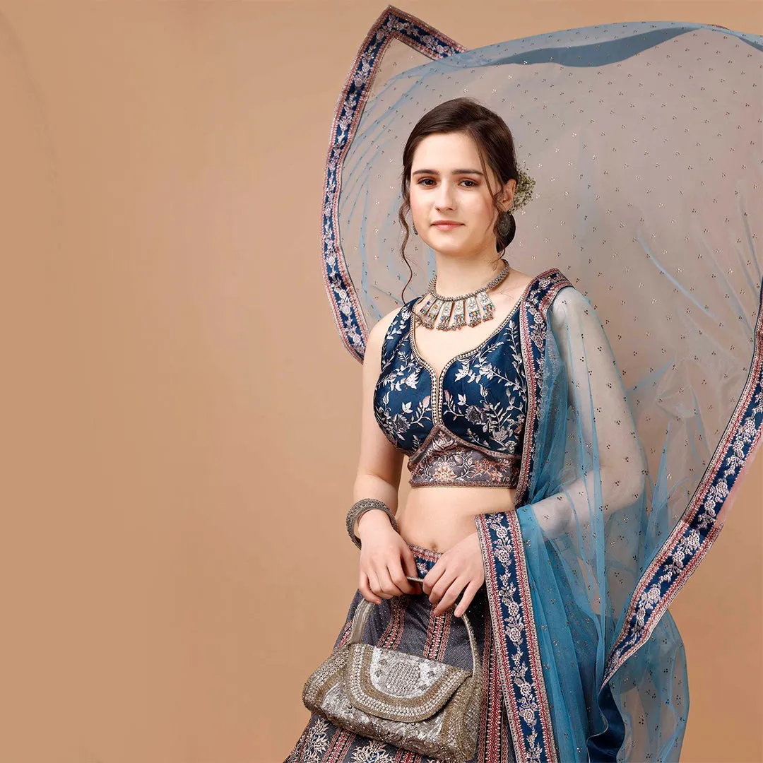 Slate Grey and Blue Brocade Lehenga Set