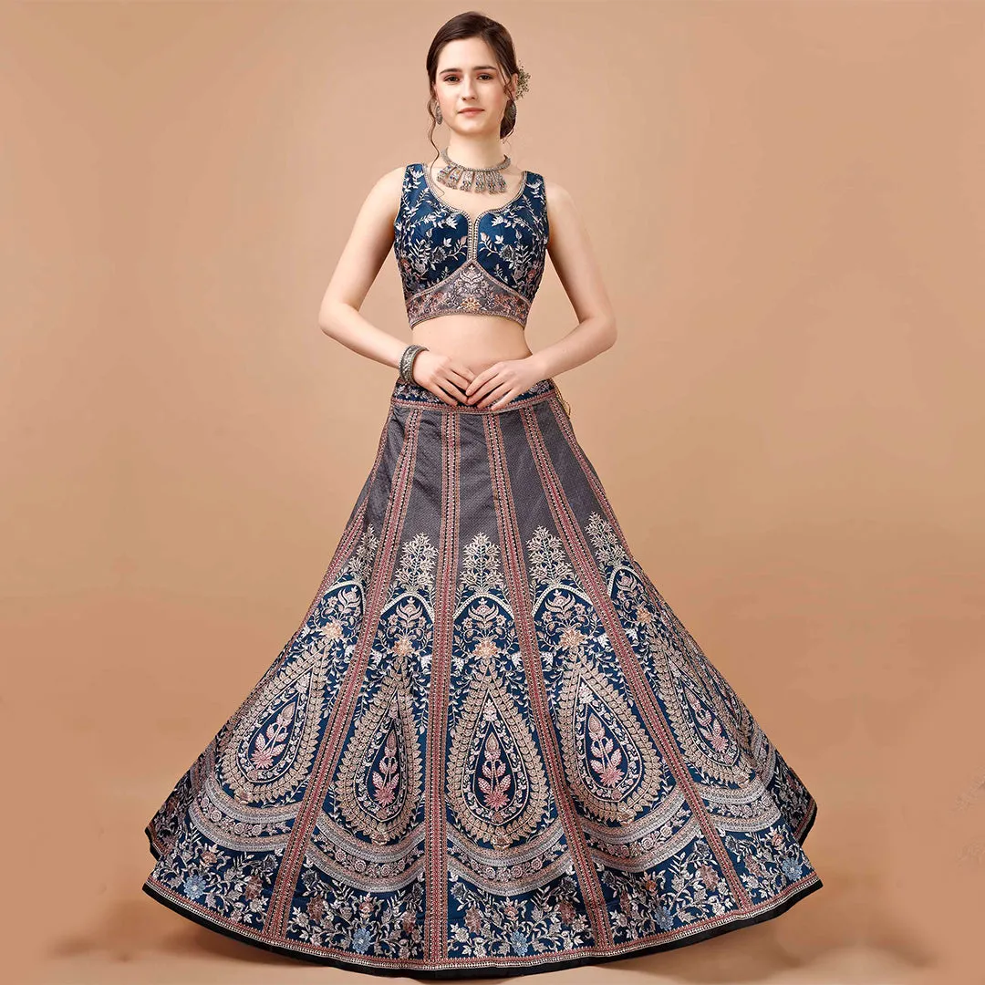 Slate Grey and Blue Brocade Lehenga Set