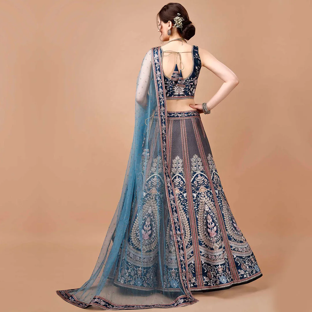 Slate Grey and Blue Brocade Lehenga Set