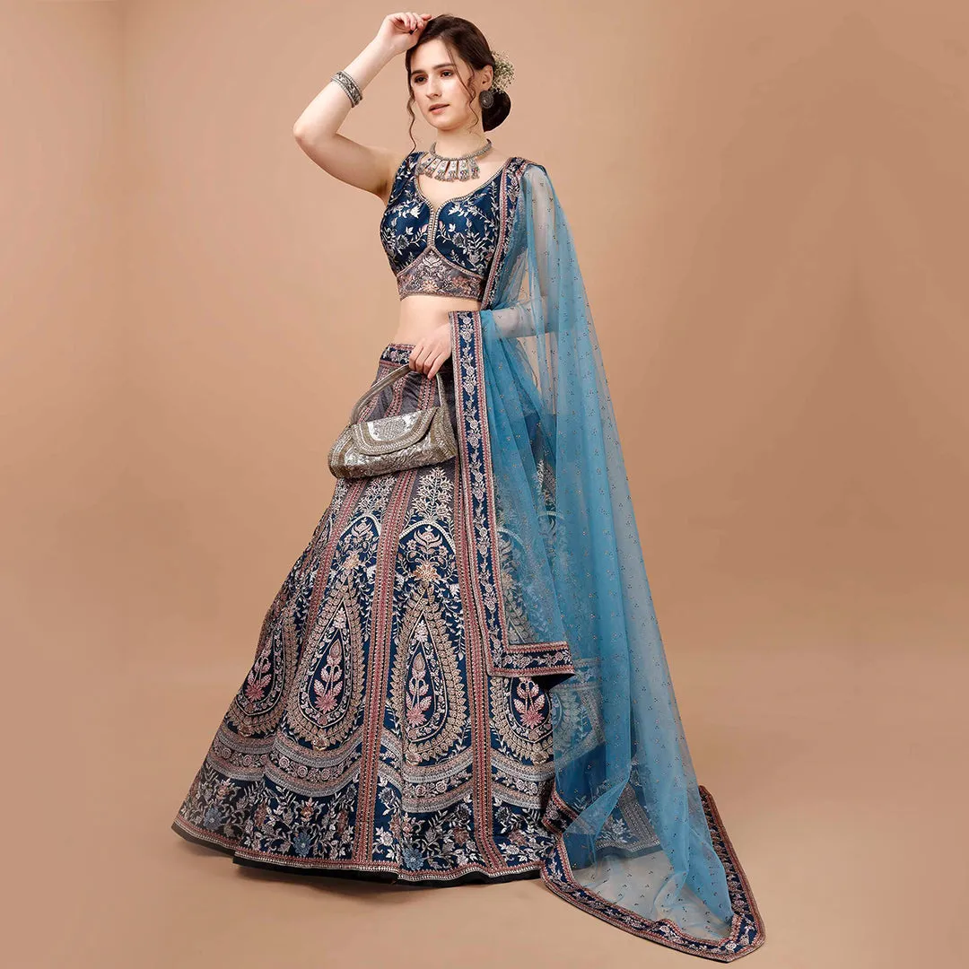 Slate Grey and Blue Brocade Lehenga Set
