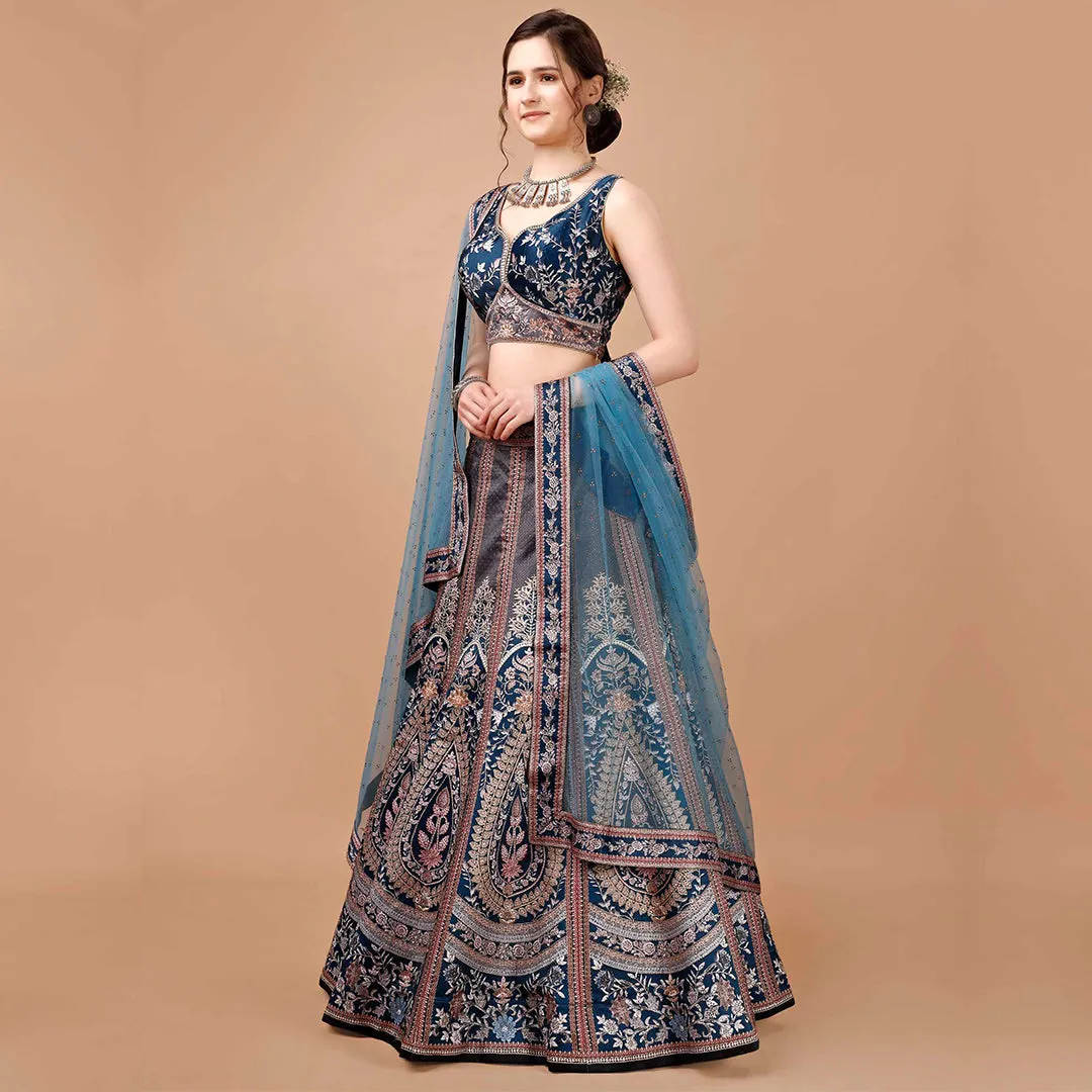 Slate Grey and Blue Brocade Lehenga Set
