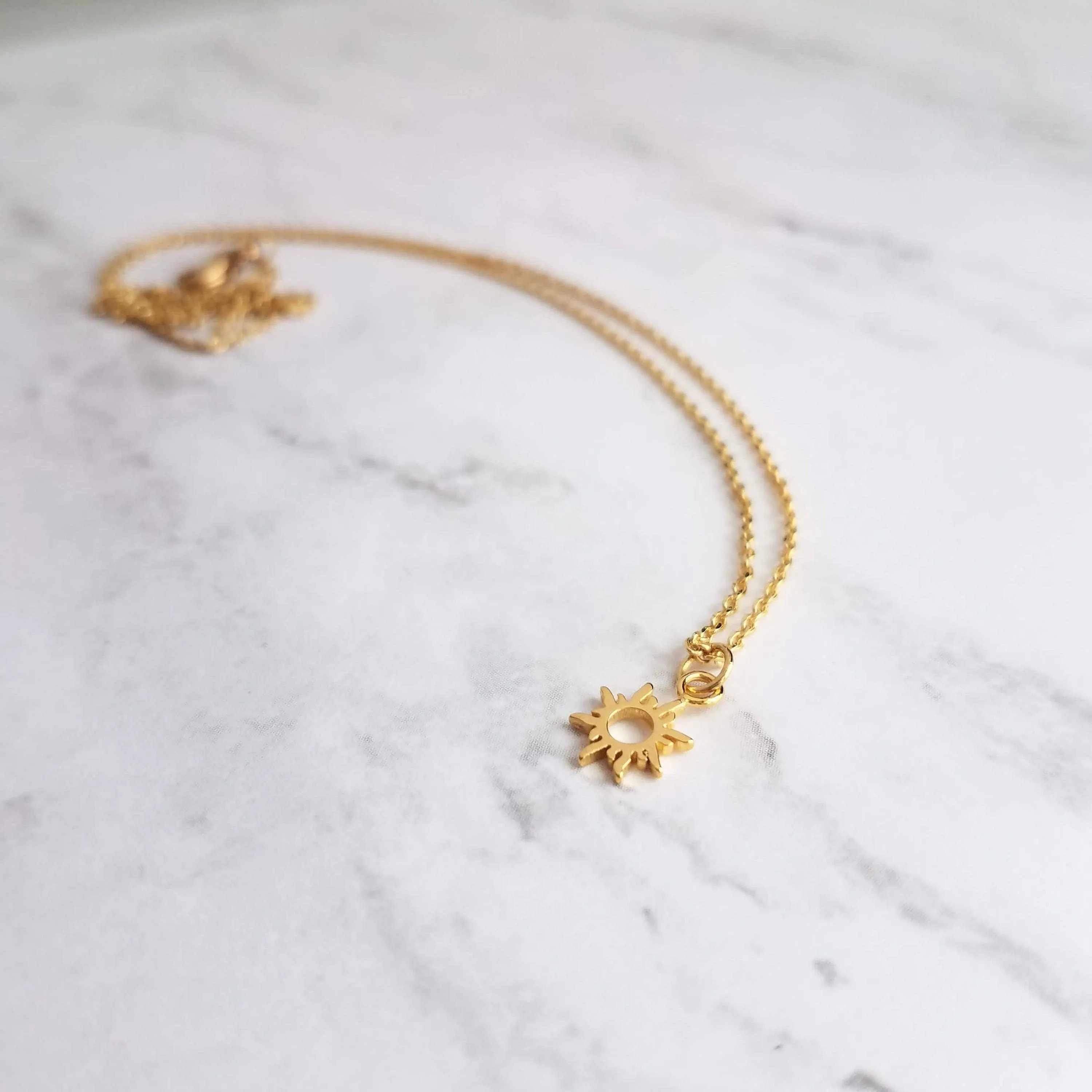 Small Sun Necklace, simple sun pendant, tiny sunshine charm, delicate gold chain, sunray necklace, just because gift, sun charm, gold sun