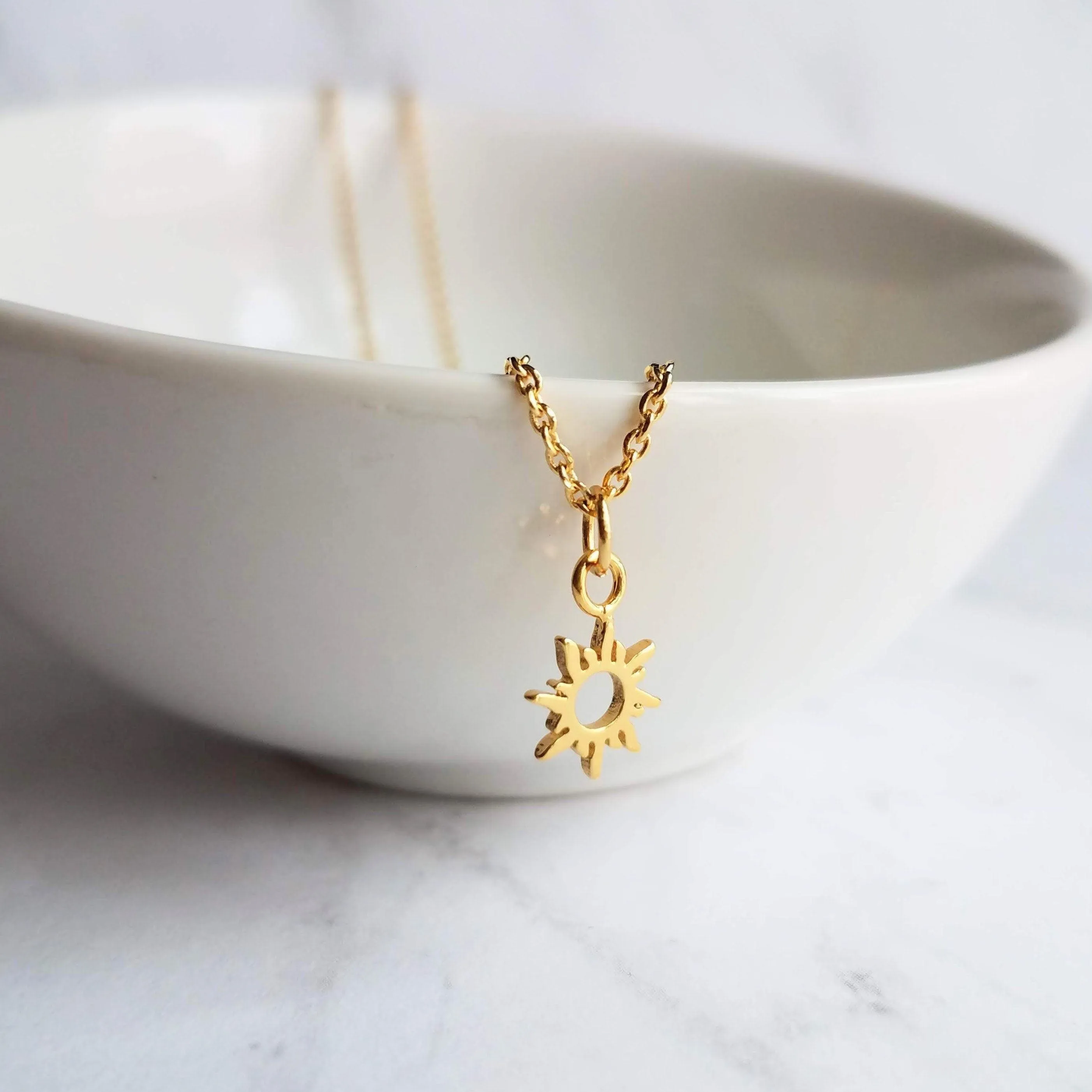 Small Sun Necklace, simple sun pendant, tiny sunshine charm, delicate gold chain, sunray necklace, just because gift, sun charm, gold sun