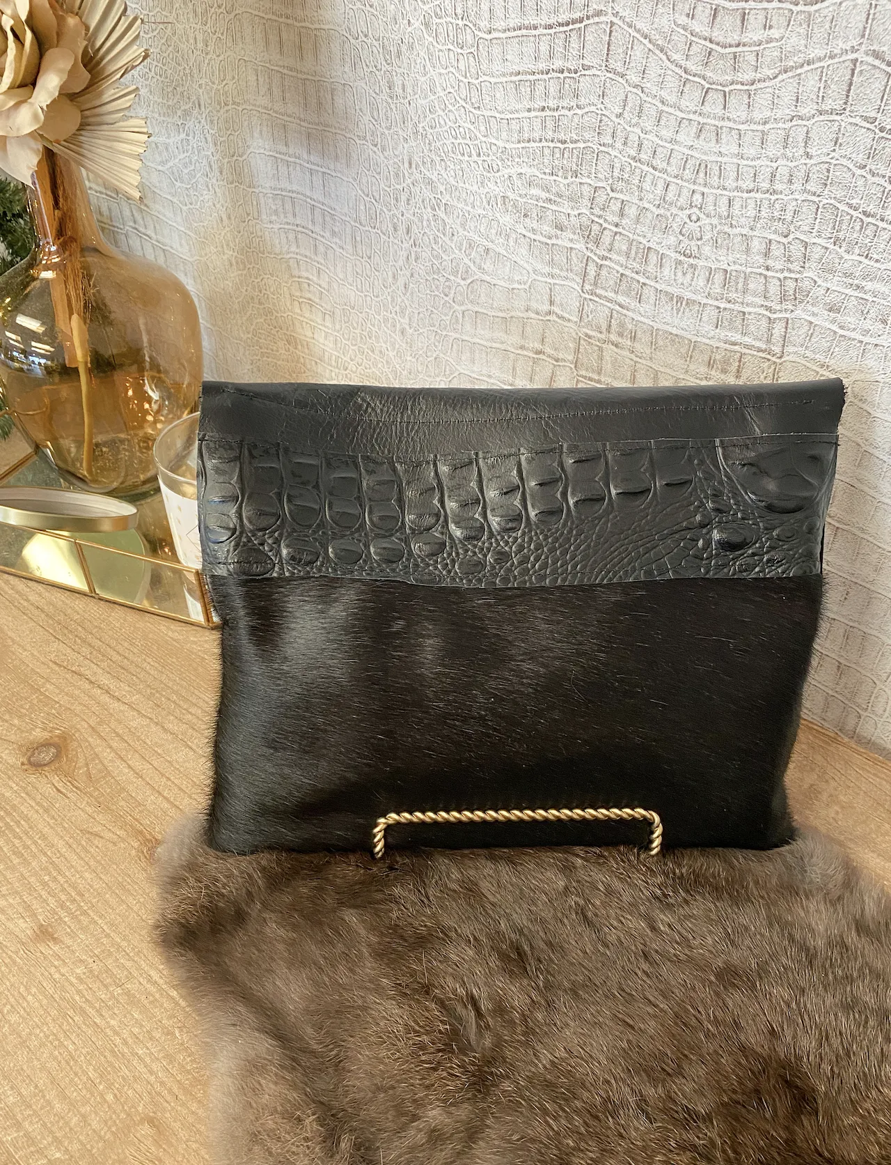 Solid Black Hide With Black Leather Flap